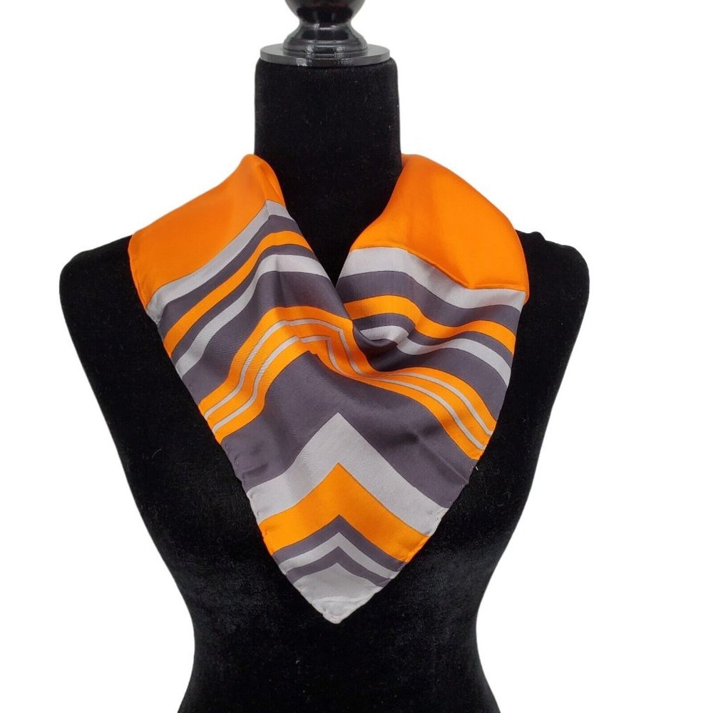 Silk Scarf Neckerchief Orange Gray Geometric Color Block Hand Rolled 19"